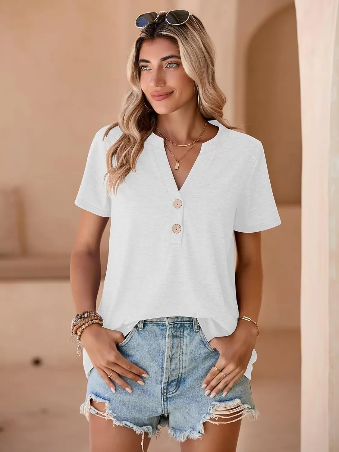 BELAROI Plus Size T Shirts for Women Tops Summer Casual Short Sleeve Henley V Neck Button Up Tunic Loose Fit