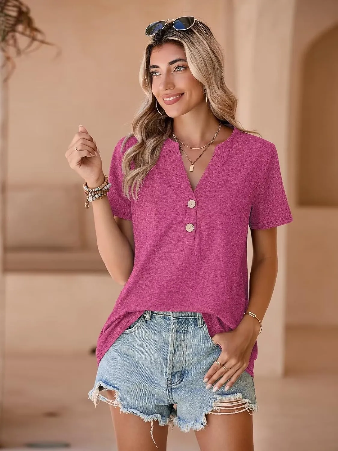 BELAROI Plus Size T Shirts for Women Tops Summer Casual Short Sleeve Henley V Neck Button Up Tunic Loose Fit