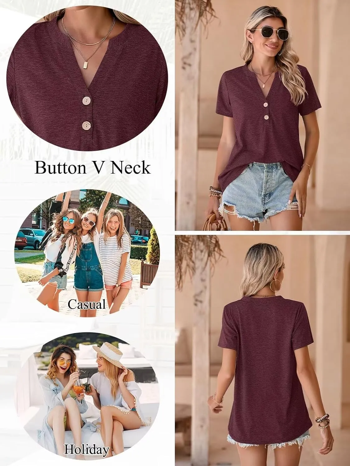 BELAROI Plus Size T Shirts for Women Tops Summer Casual Short Sleeve Henley V Neck Button Up Tunic Loose Fit