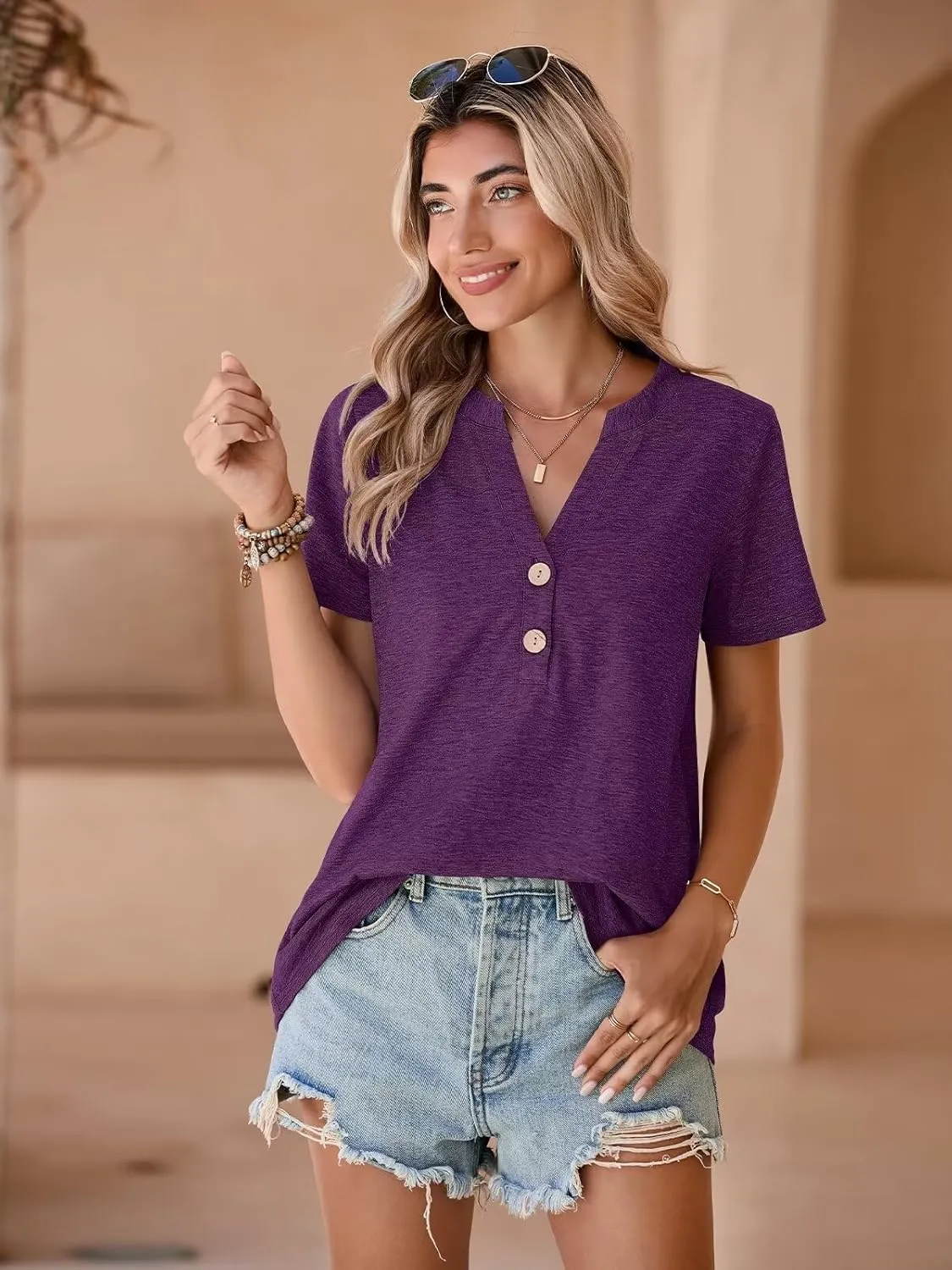 BELAROI Plus Size T Shirts for Women Tops Summer Casual Short Sleeve Henley V Neck Button Up Tunic Loose Fit