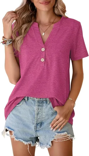 BELAROI Plus Size T Shirts for Women Tops Summer Casual Short Sleeve Henley V Neck Button Up Tunic Loose Fit