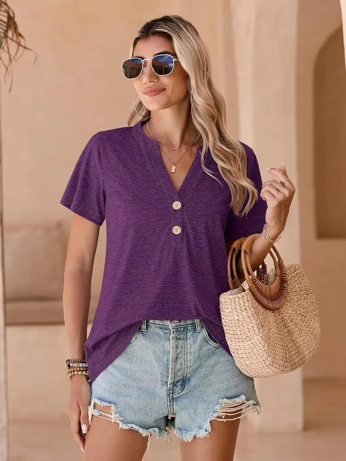 BELAROI Plus Size T Shirts for Women Tops Summer Casual Short Sleeve Henley V Neck Button Up Tunic Loose Fit
