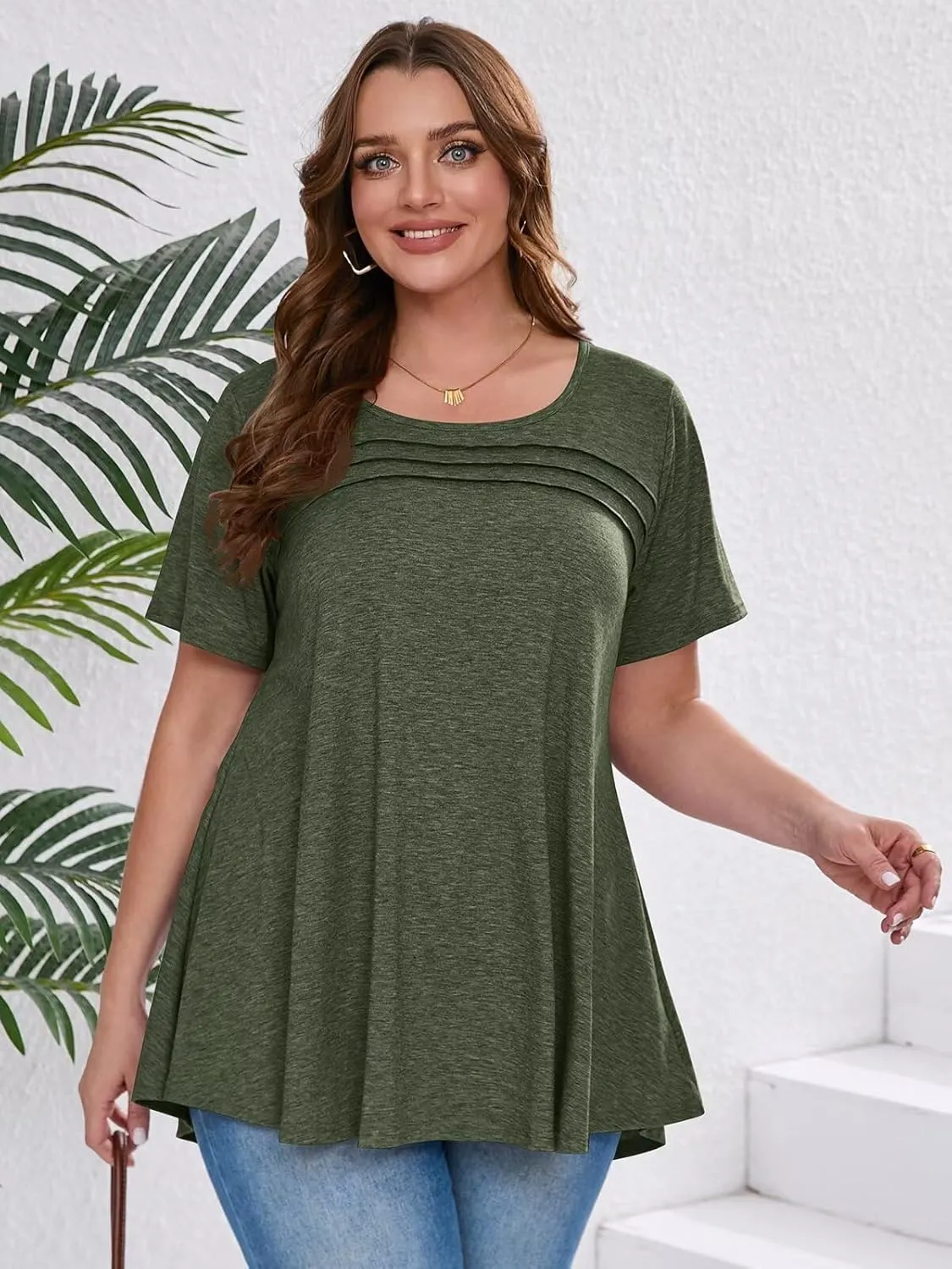BELAROI Womens Plus Size Tops Tunic Short Sleeve T Shirts Dressy Casual Blouses Trendy Flowy Pleated Crew Neck Summer Outfits