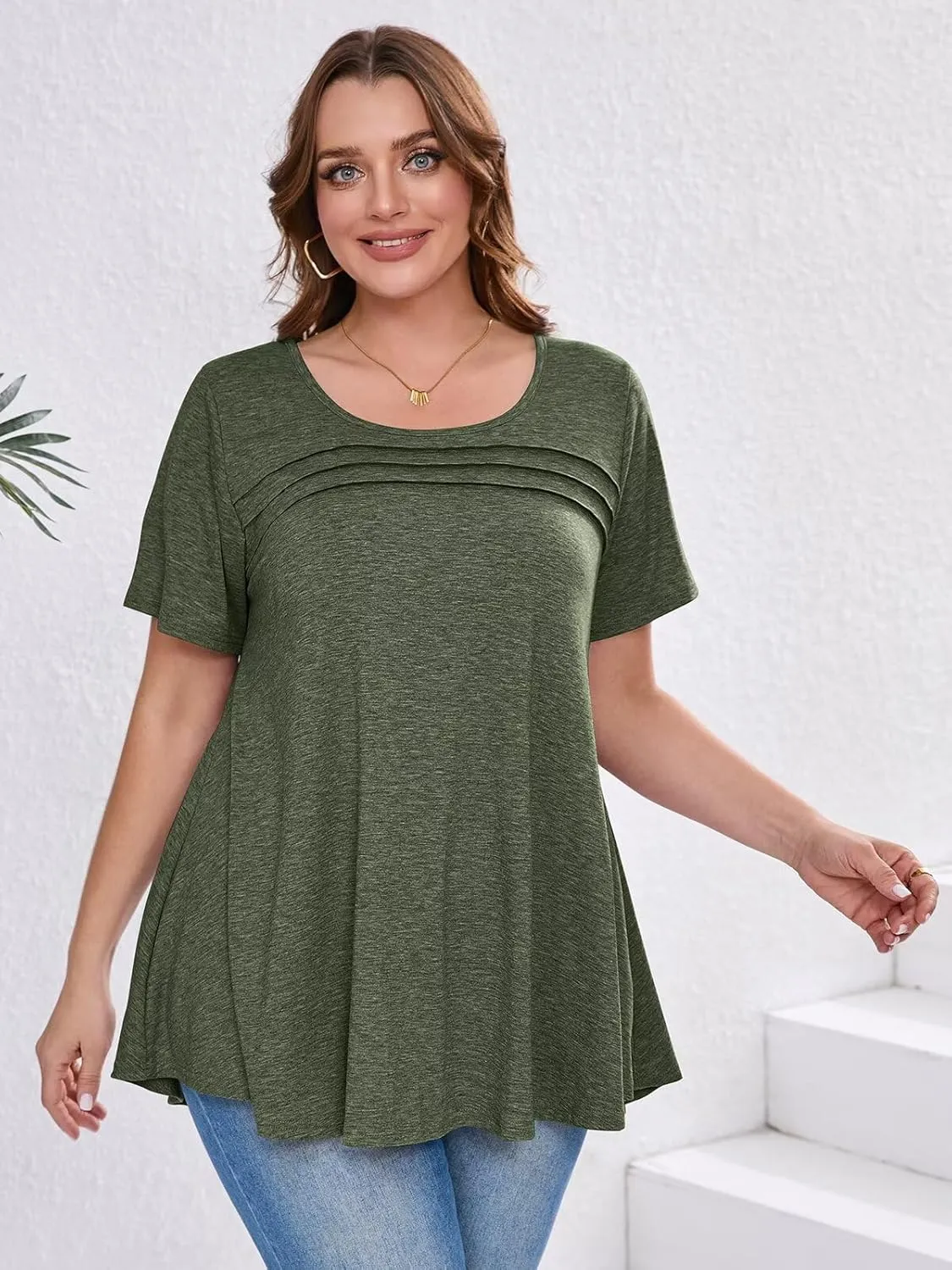BELAROI Womens Plus Size Tops Tunic Short Sleeve T Shirts Dressy Casual Blouses Trendy Flowy Pleated Crew Neck Summer Outfits