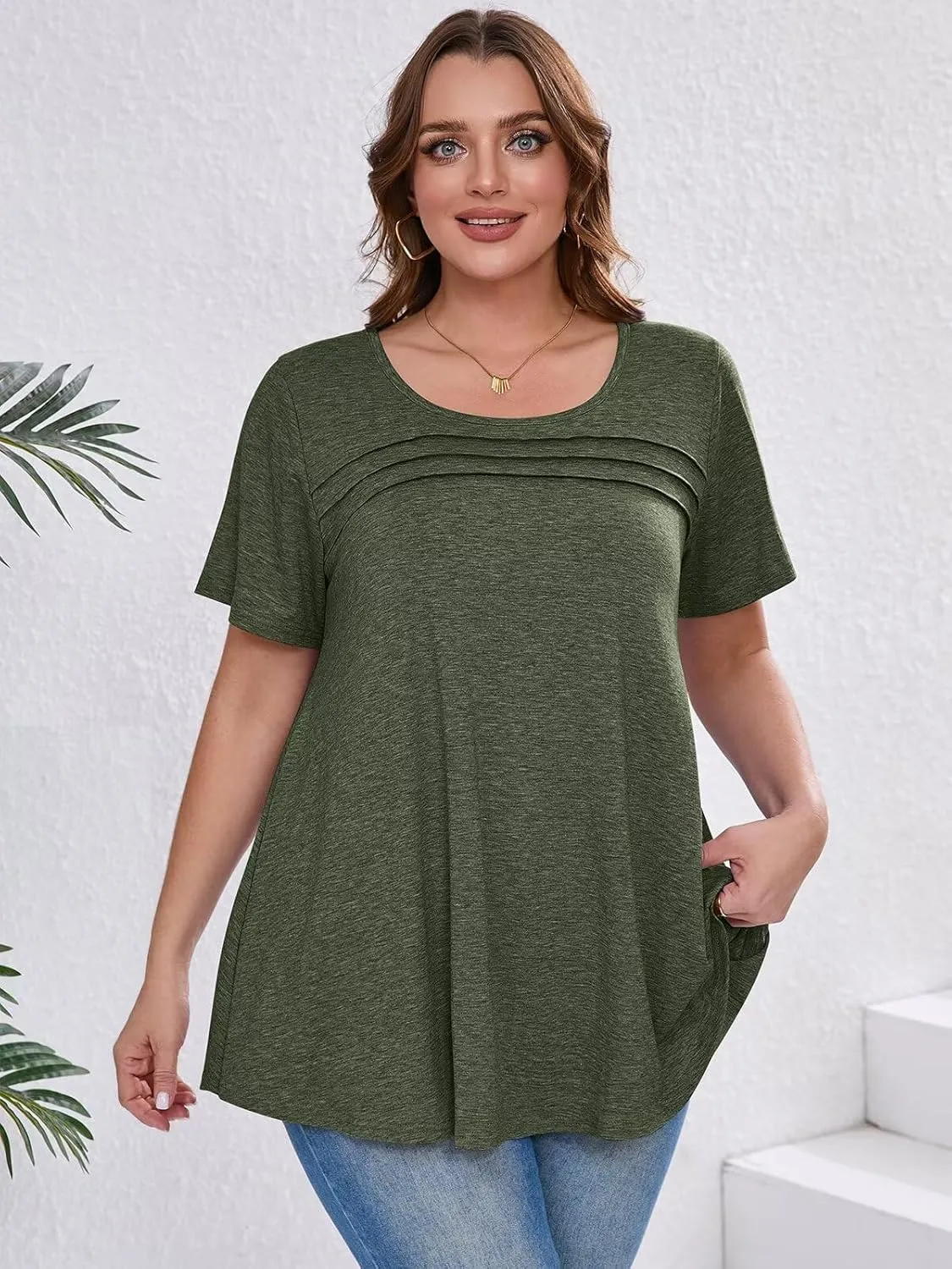 BELAROI Womens Plus Size Tops Tunic Short Sleeve T Shirts Dressy Casual Blouses Trendy Flowy Pleated Crew Neck Summer Outfits