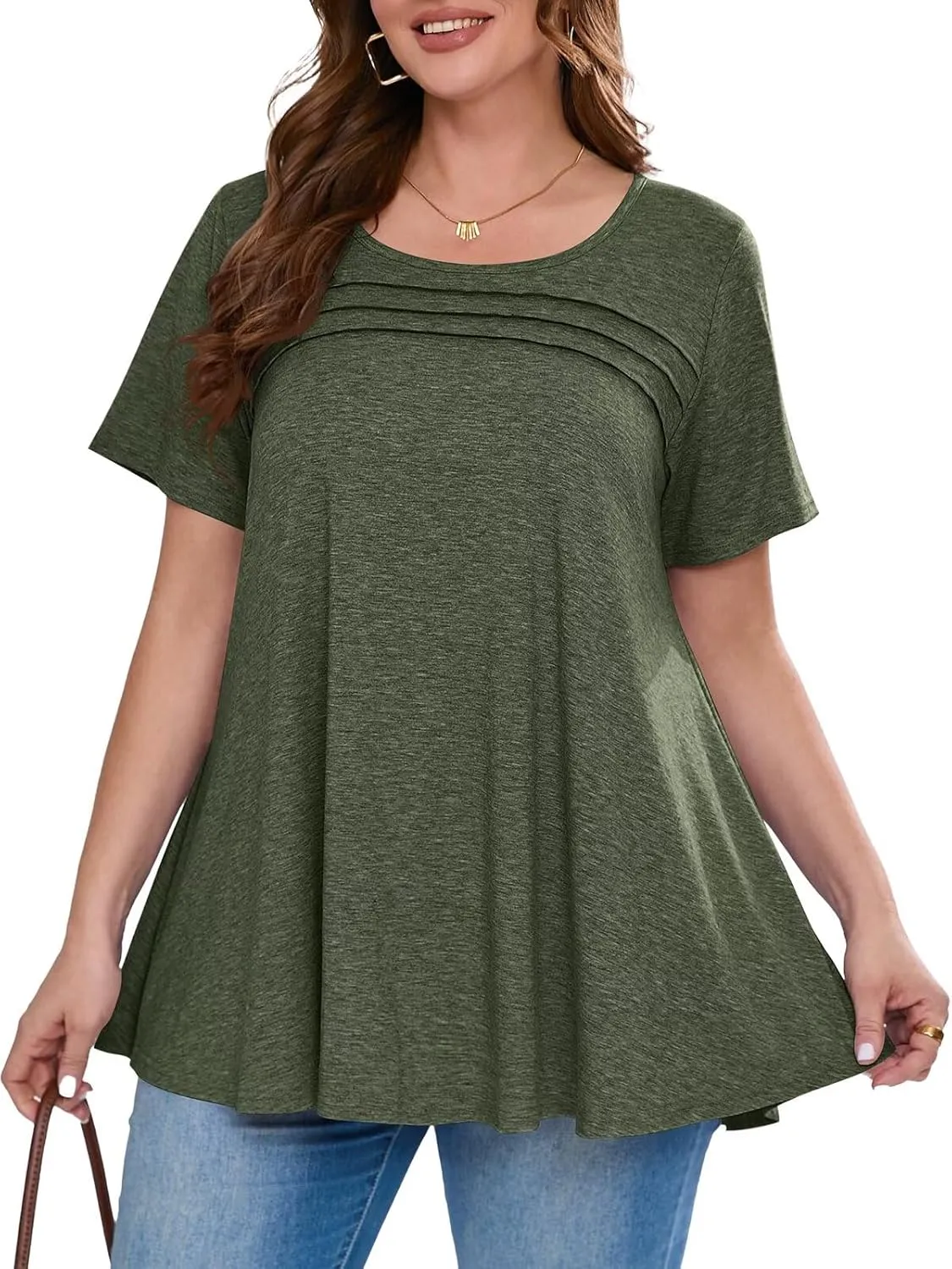 BELAROI Womens Plus Size Tops Tunic Short Sleeve T Shirts Dressy Casual Blouses Trendy Flowy Pleated Crew Neck Summer Outfits