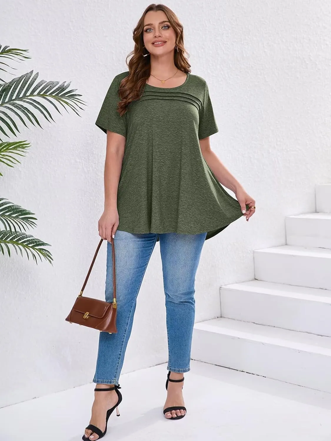 BELAROI Womens Plus Size Tops Tunic Short Sleeve T Shirts Dressy Casual Blouses Trendy Flowy Pleated Crew Neck Summer Outfits