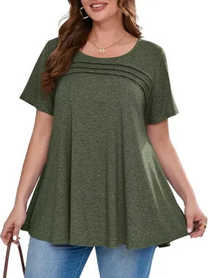 BELAROI Womens Plus Size Tops Tunic Short Sleeve T Shirts Dressy Casual Blouses Trendy Flowy Pleated Crew Neck Summer Outfits