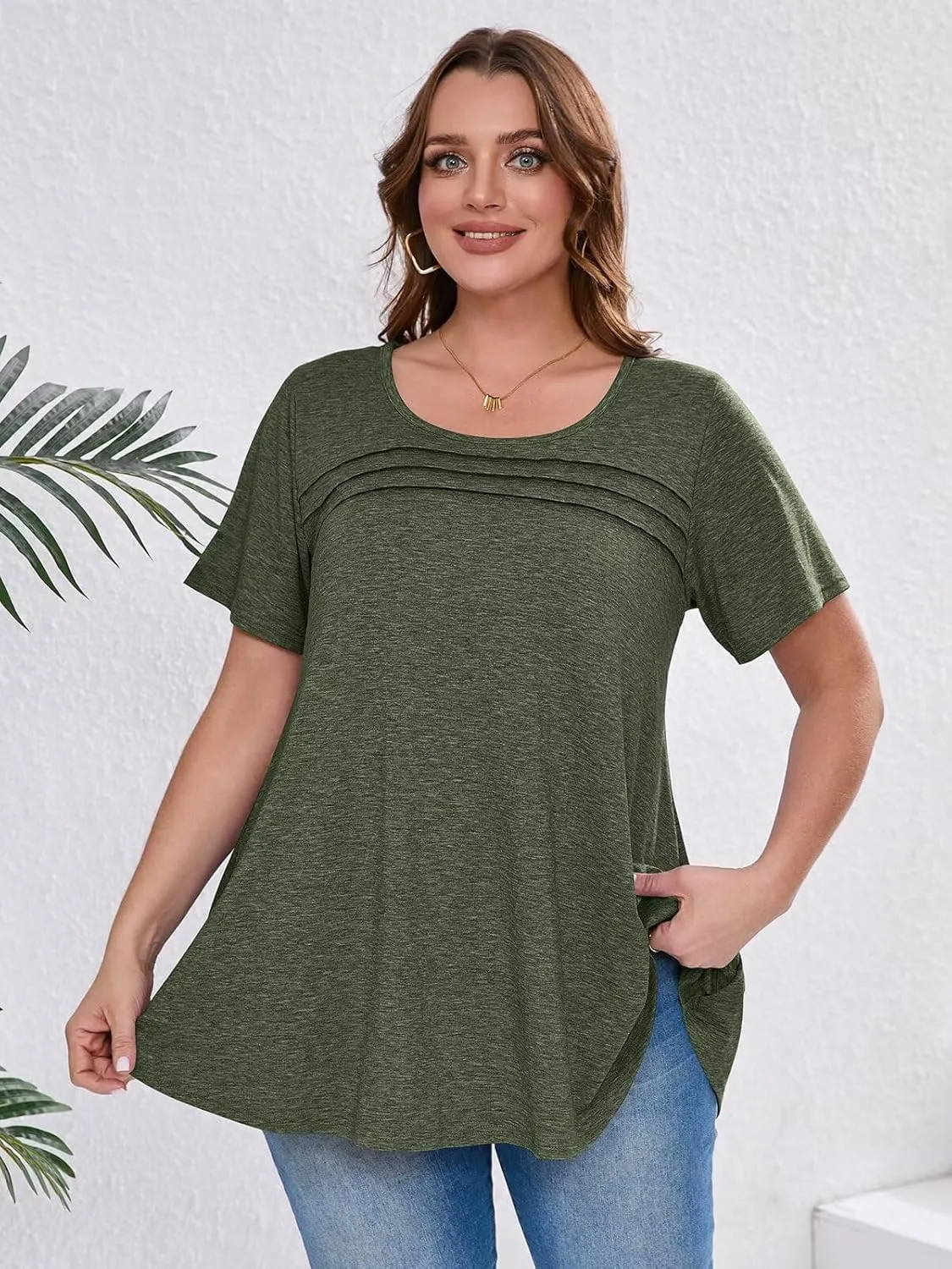 BELAROI Womens Plus Size Tops Tunic Short Sleeve T Shirts Dressy Casual Blouses Trendy Flowy Pleated Crew Neck Summer Outfits