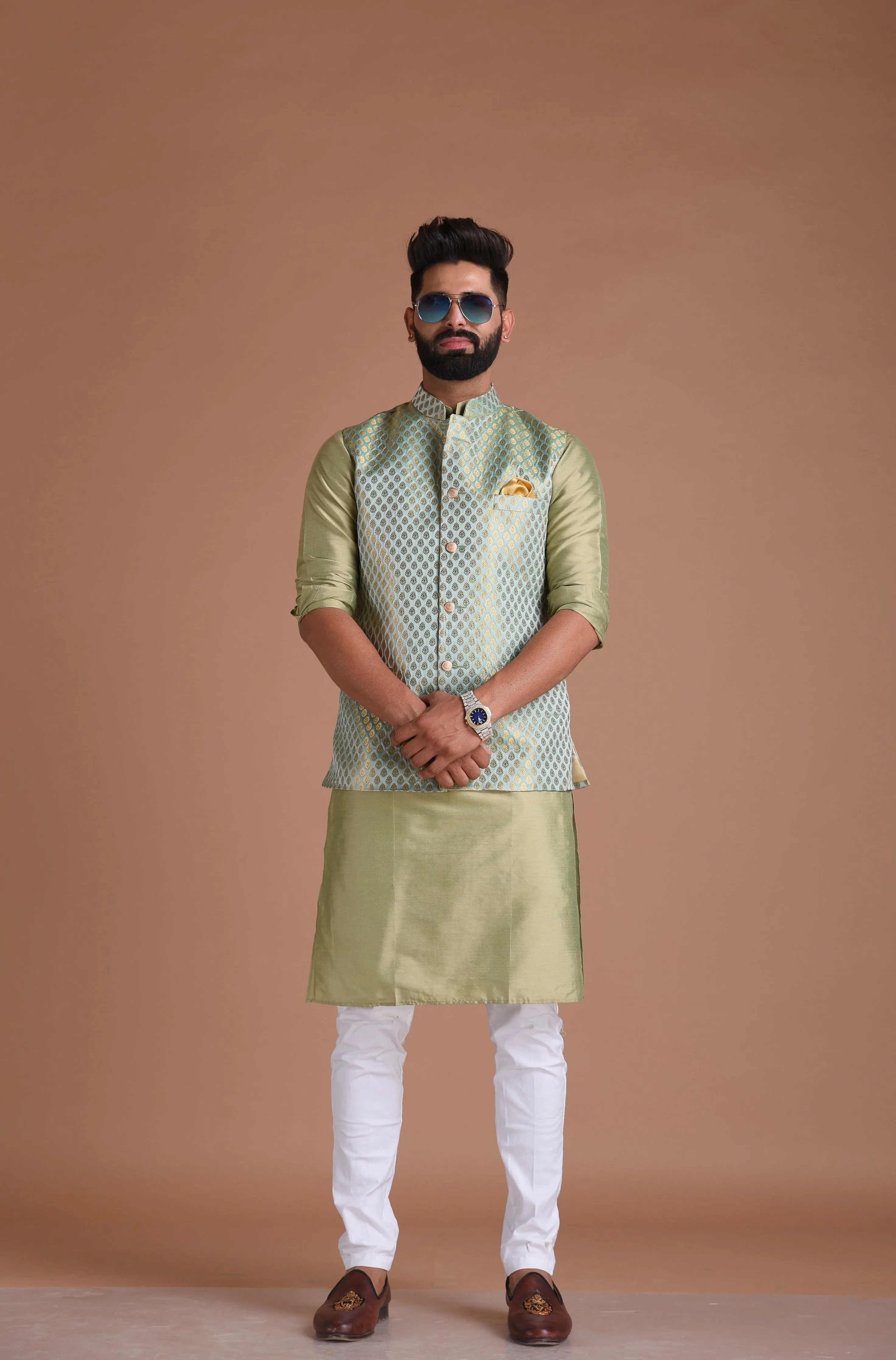 Bespoke Traditional Sea Green Nehru Modi Jacket with Kurta Pajama Set| Perfect for Weddings, Available in Father Son Combo