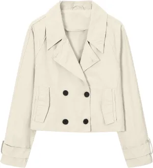 Betusline Womens Cropped Trench Coat Notched Lapel Double Breasted Short Jacket Outwear