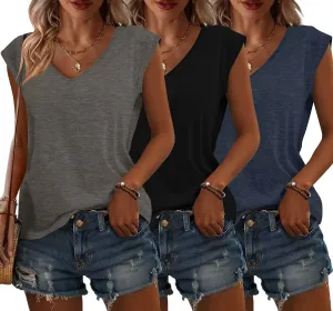 Bliwov 3 Pack Womens Cap Sleeve Tops V Neck T Shirts Spring Summer Casual Plus Size Beach Vacation Fashion Basics Clothes