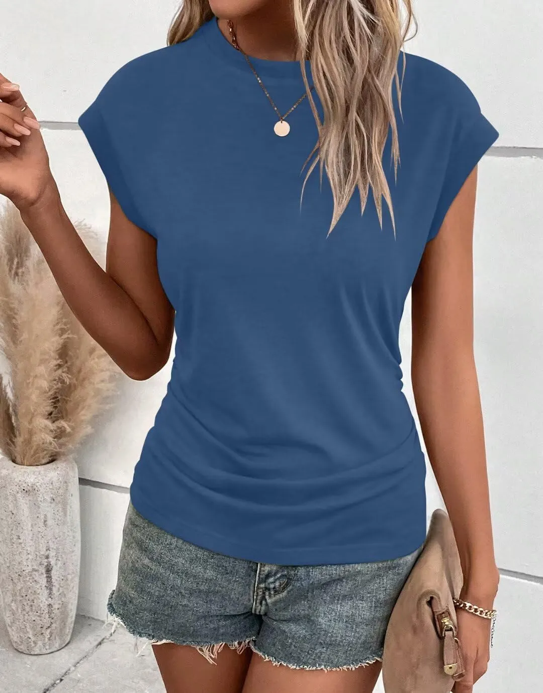 Bliwov Womens Summer Cap Sleeve Tops Business Casual Crewneck T Shirts Trendy Outfits 2025 Beach Vacation Fashion Clothes