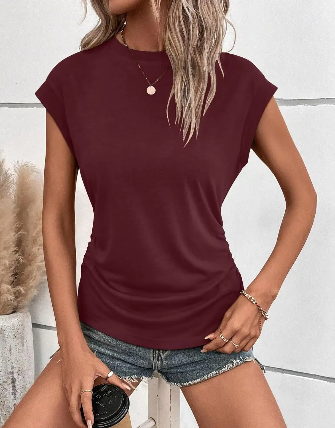 Bliwov Womens Summer Cap Sleeve Tops Business Casual Crewneck T Shirts Trendy Outfits 2025 Beach Vacation Fashion Clothes