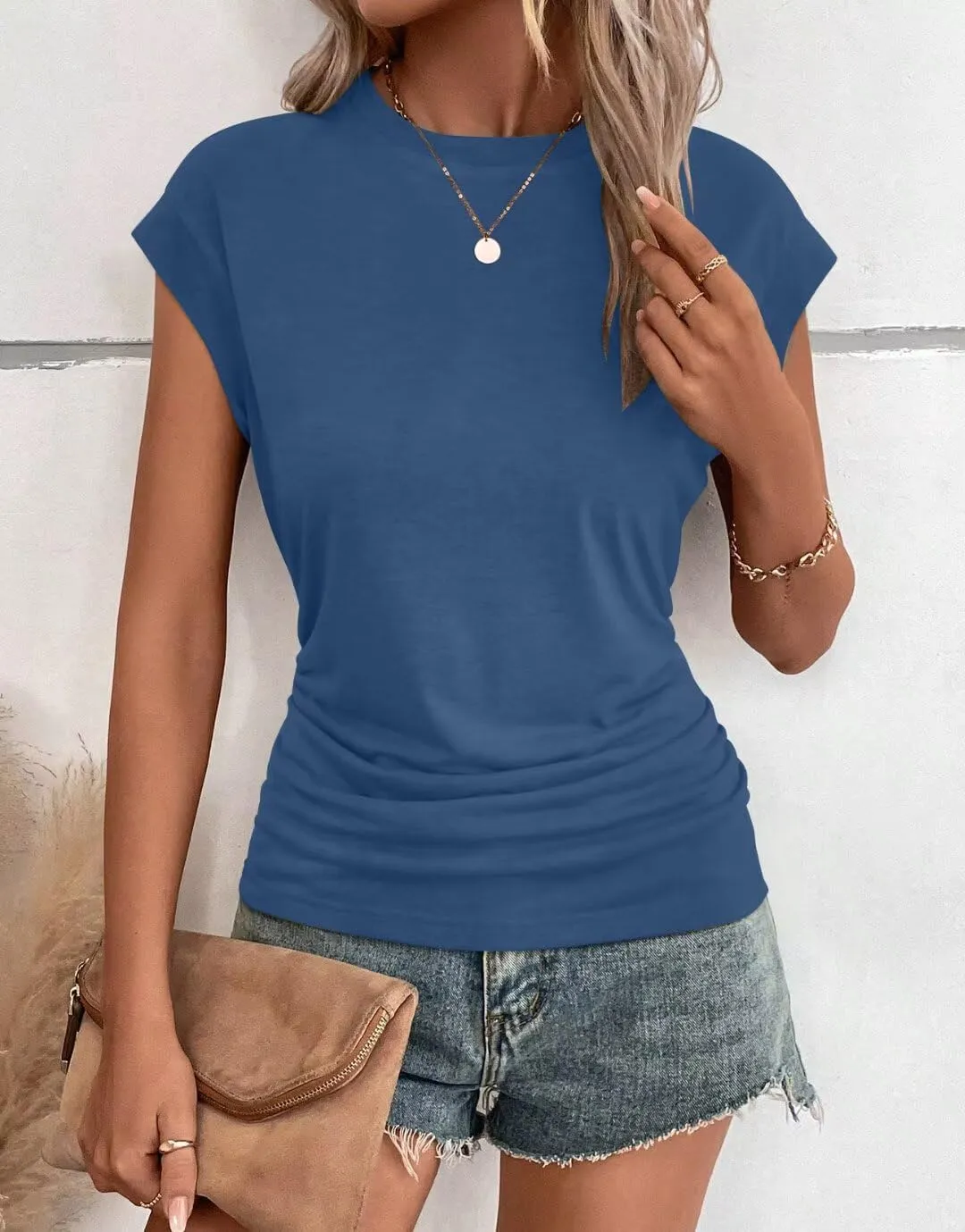 Bliwov Womens Summer Cap Sleeve Tops Business Casual Crewneck T Shirts Trendy Outfits 2025 Beach Vacation Fashion Clothes