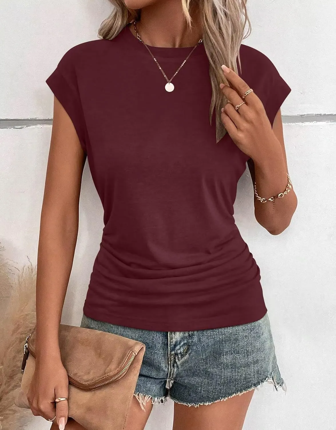 Bliwov Womens Summer Cap Sleeve Tops Business Casual Crewneck T Shirts Trendy Outfits 2025 Beach Vacation Fashion Clothes