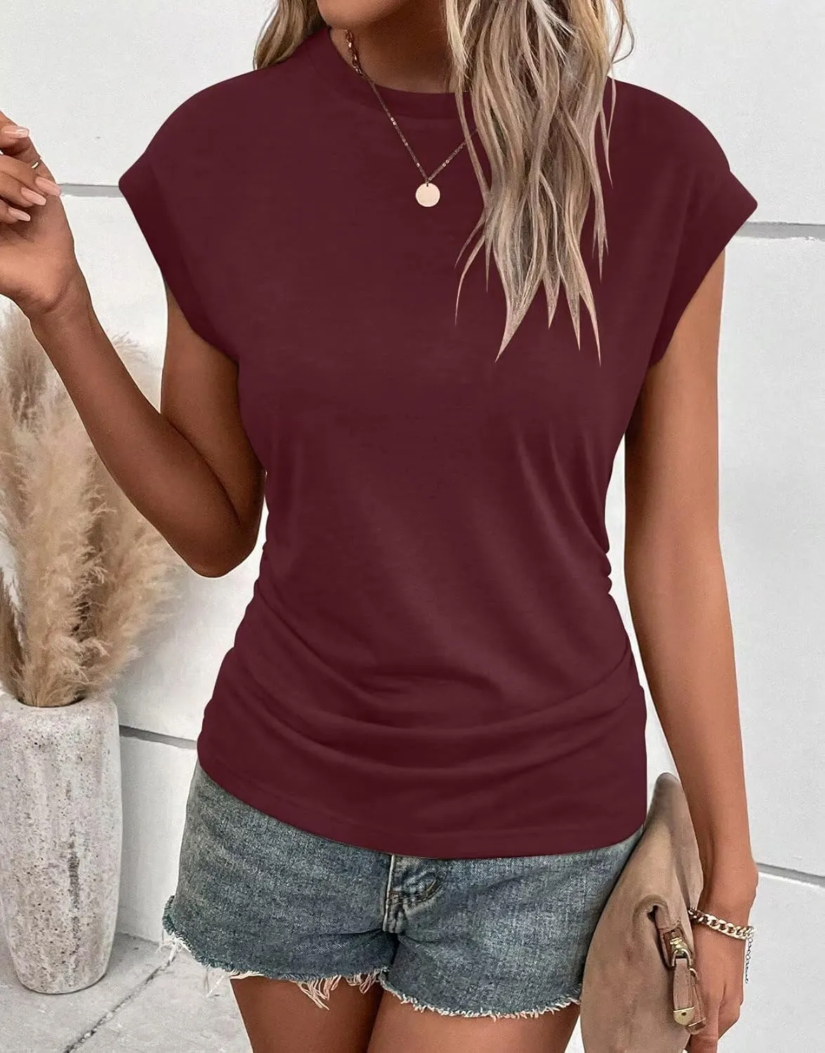 Bliwov Womens Summer Cap Sleeve Tops Business Casual Crewneck T Shirts Trendy Outfits 2025 Beach Vacation Fashion Clothes