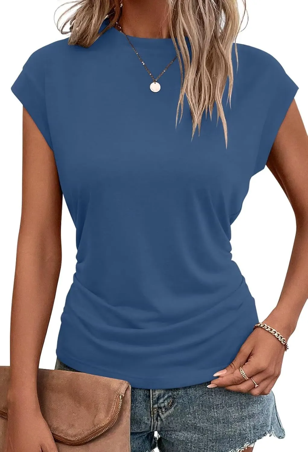 Bliwov Womens Summer Cap Sleeve Tops Business Casual Crewneck T Shirts Trendy Outfits 2025 Beach Vacation Fashion Clothes