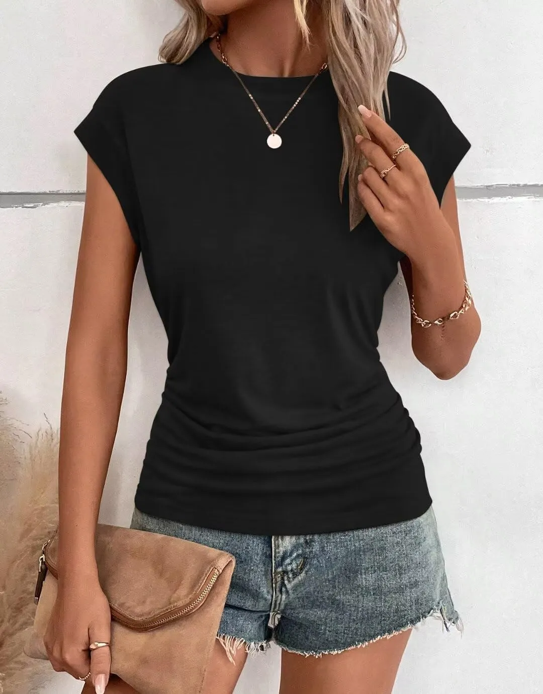 Bliwov Womens Summer Cap Sleeve Tops Business Casual Crewneck T Shirts Trendy Outfits 2025 Beach Vacation Fashion Clothes