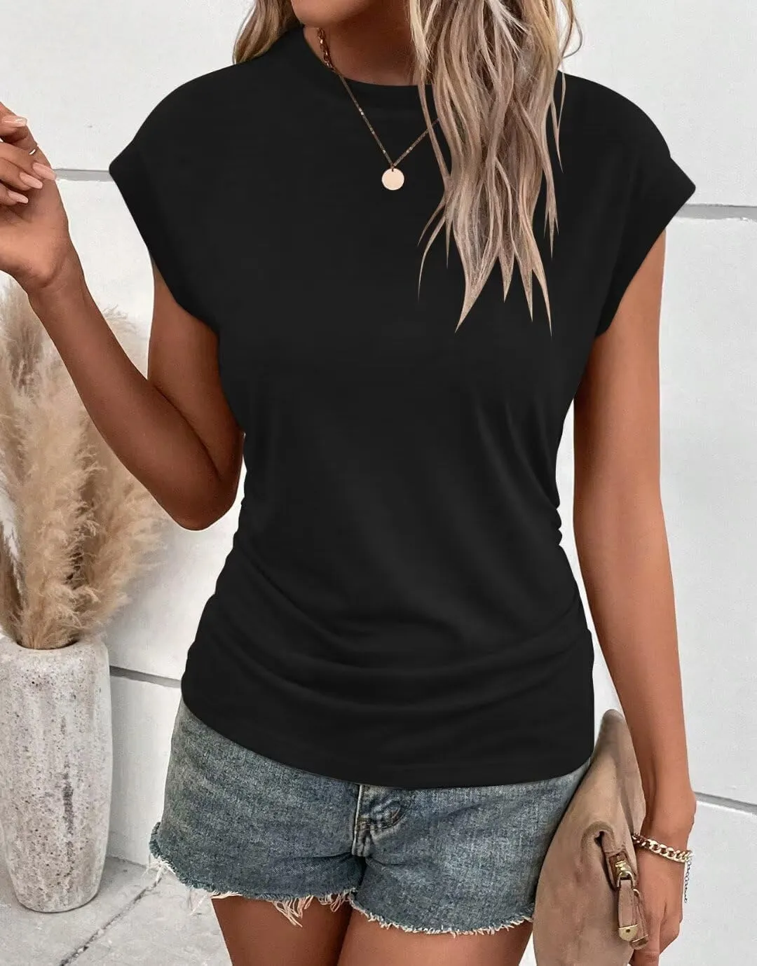 Bliwov Womens Summer Cap Sleeve Tops Business Casual Crewneck T Shirts Trendy Outfits 2025 Beach Vacation Fashion Clothes