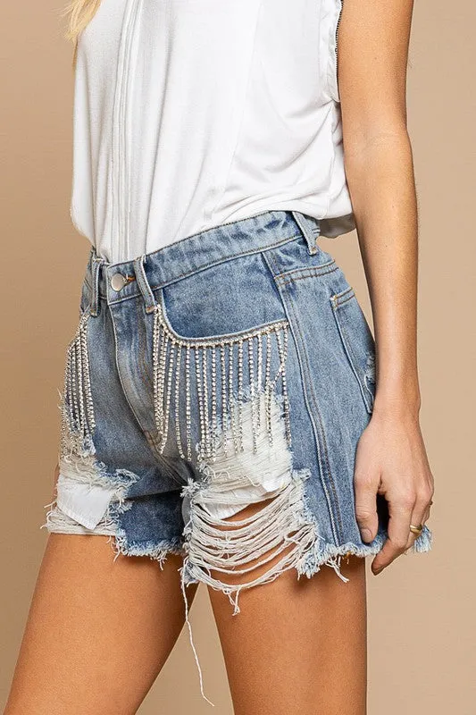BLUE DENIM SHORTS WITH RHINESTONE FRINGE