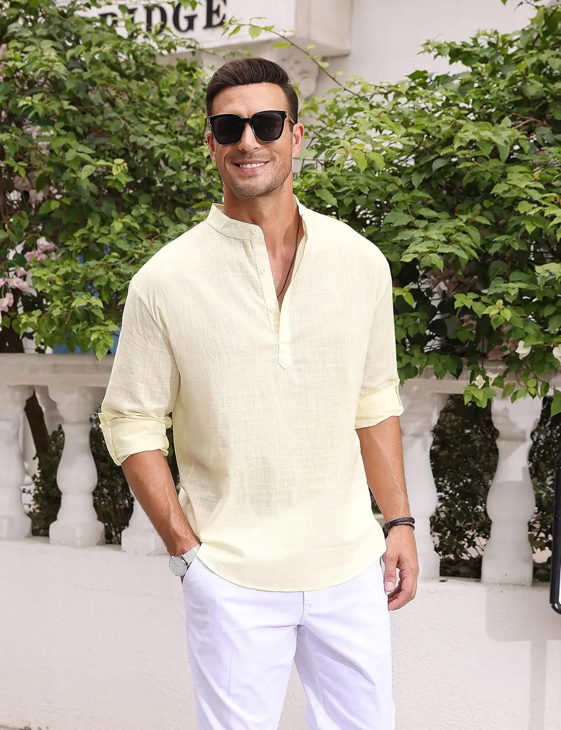 Boisouey Men's Cotton Linen Henley Shirt Long Sleeve Hippie Casual Beach T Shirts