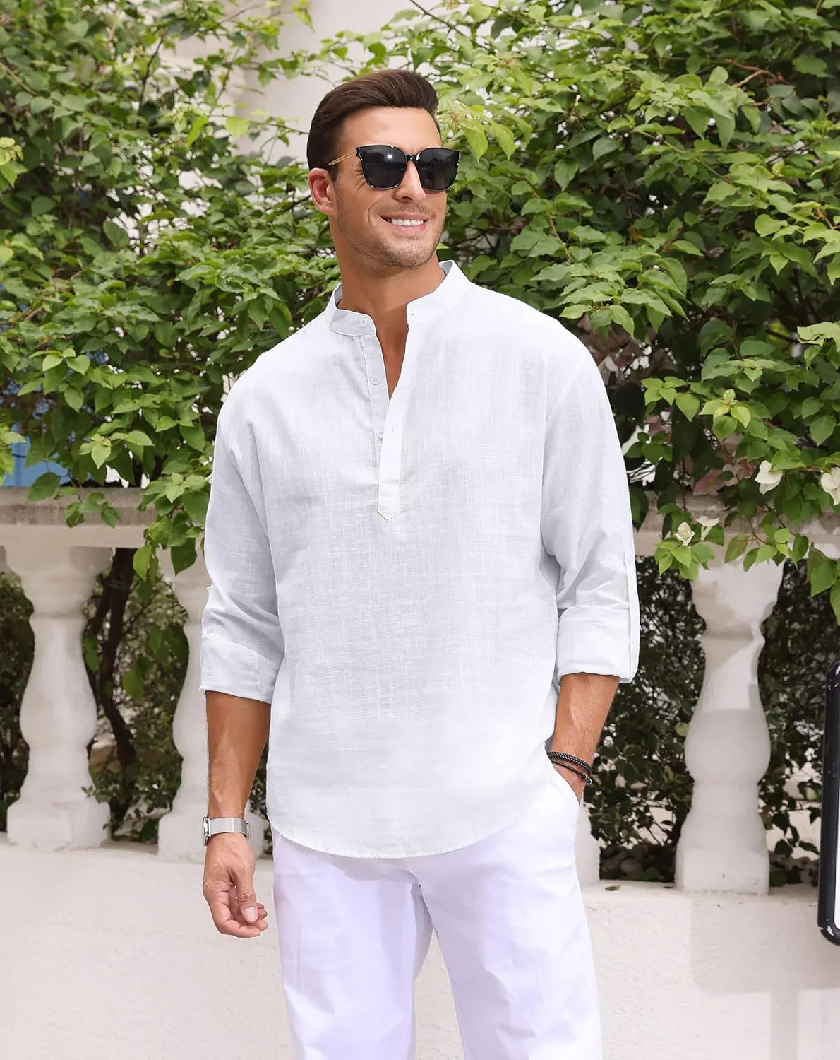 Boisouey Men's Cotton Linen Henley Shirt Long Sleeve Hippie Casual Beach T Shirts