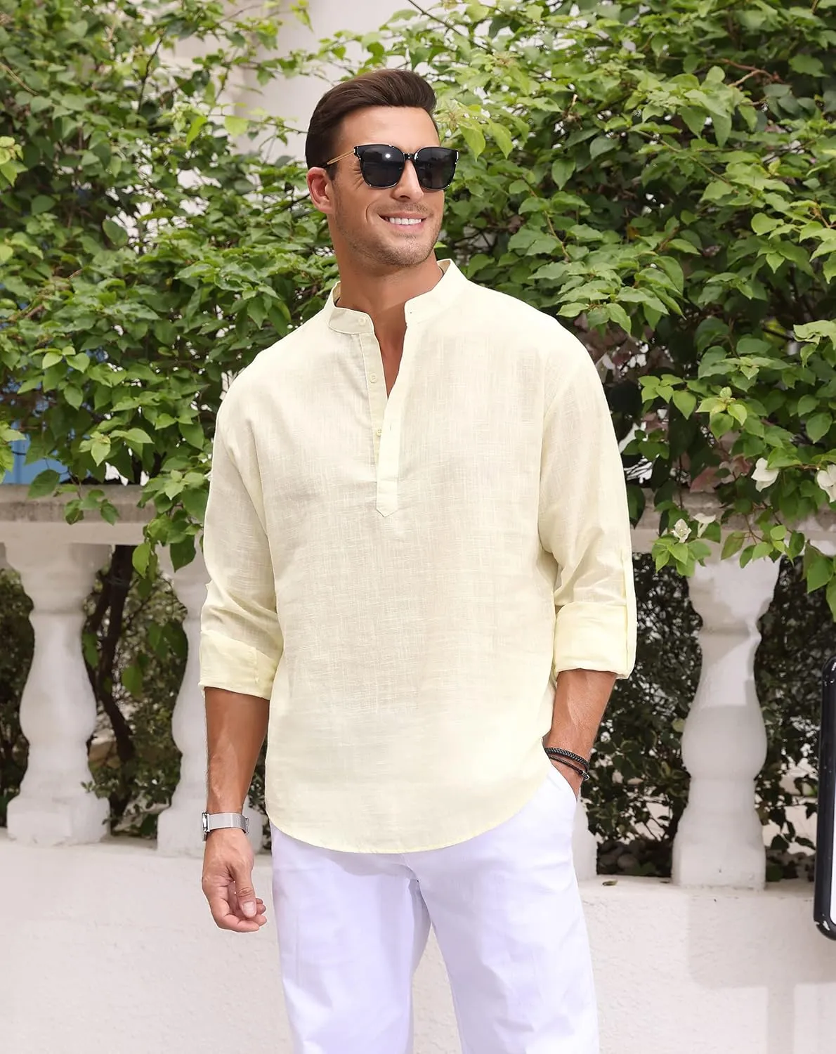Boisouey Men's Cotton Linen Henley Shirt Long Sleeve Hippie Casual Beach T Shirts