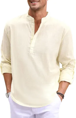 Boisouey Men's Cotton Linen Henley Shirt Long Sleeve Hippie Casual Beach T Shirts