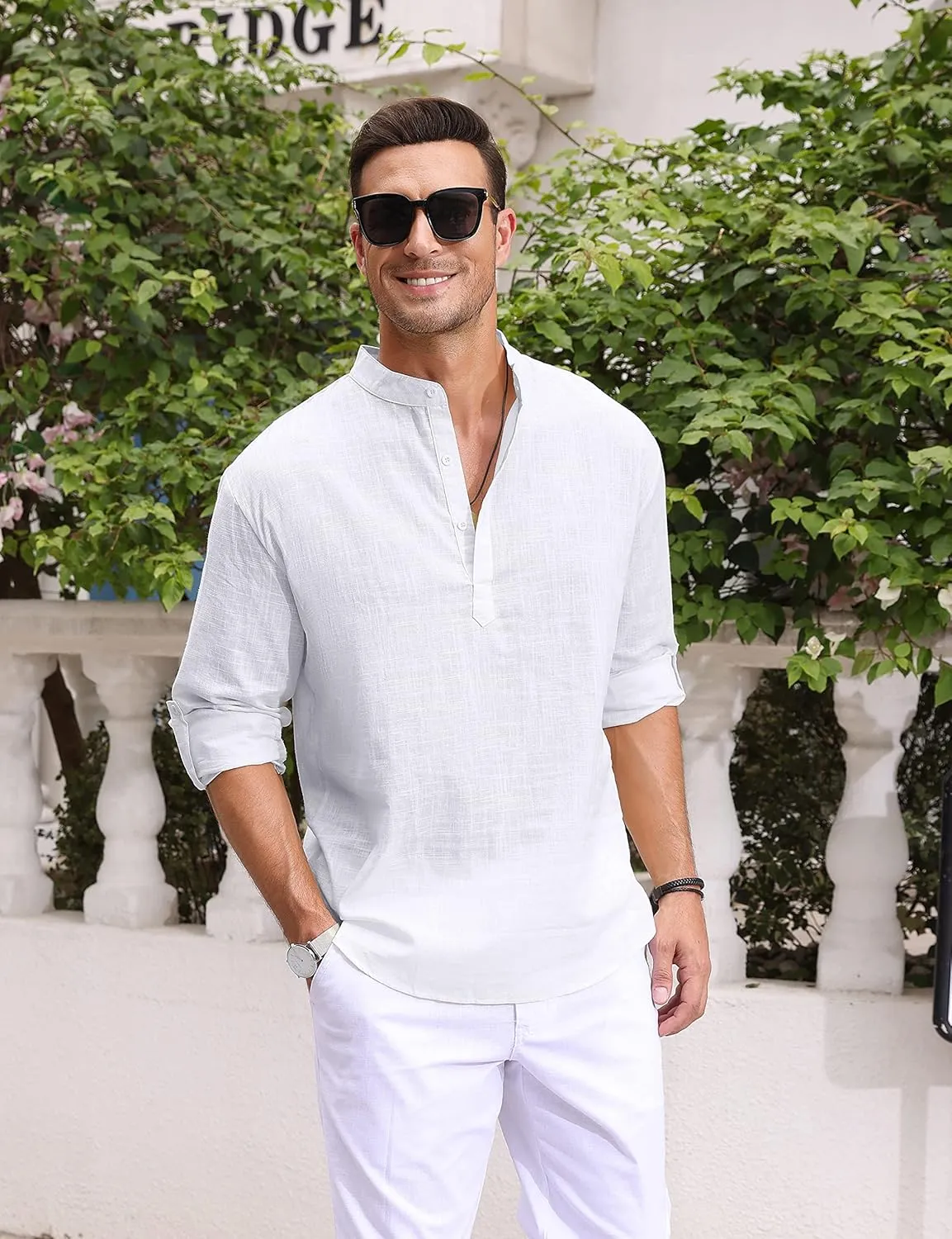 Boisouey Men's Cotton Linen Henley Shirt Long Sleeve Hippie Casual Beach T Shirts