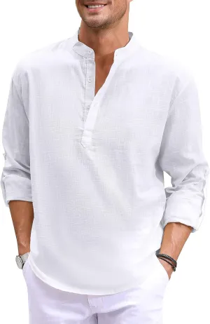 Boisouey Men's Cotton Linen Henley Shirt Long Sleeve Hippie Casual Beach T Shirts