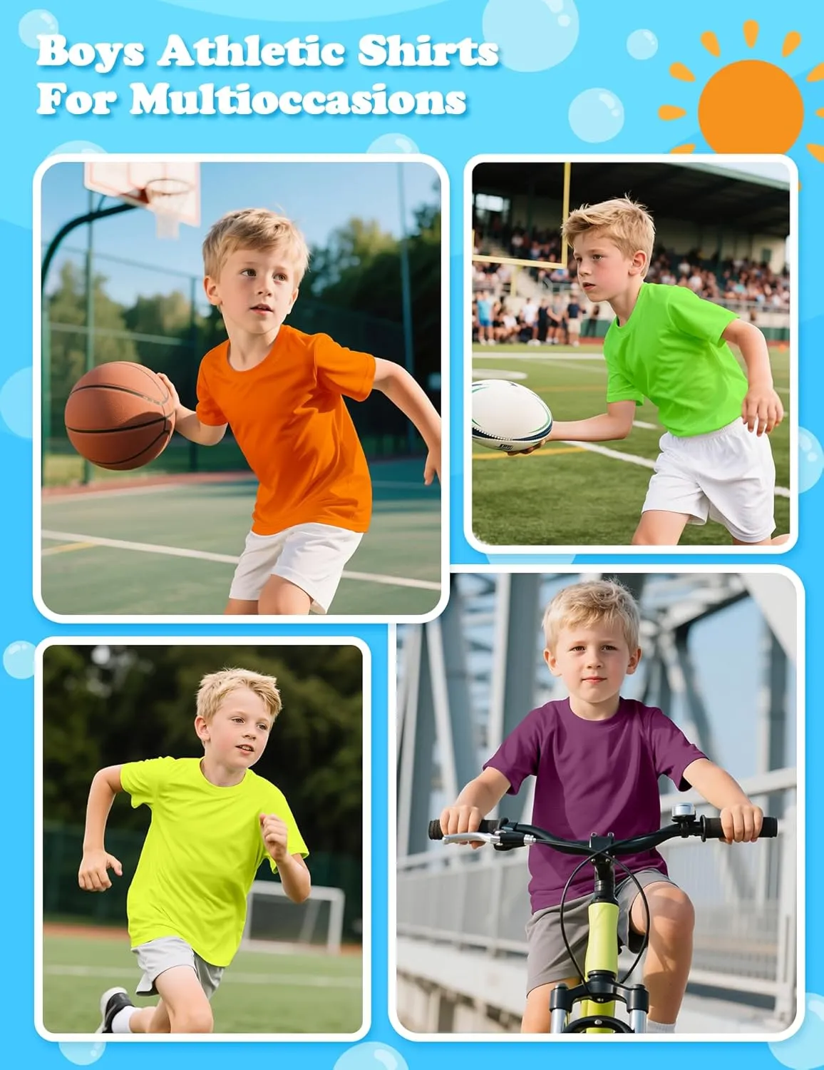 Boys Neon Shirts UPF 50  Performance Short Sleeve Tees Quick Dry Fit Athletic Tshirt Rash Guard for Kids Youth 2T-16 Years