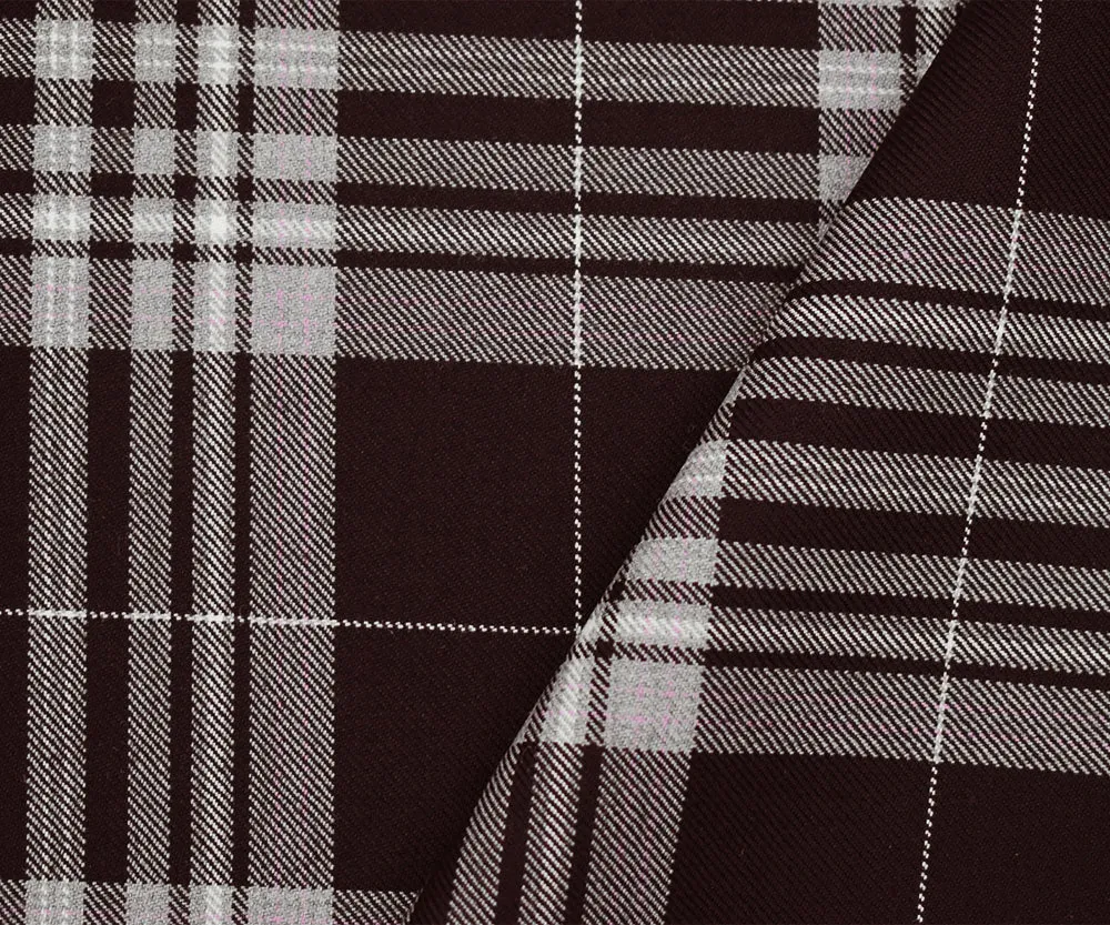 Brown-Gray-Multi Wool Polyester Plaid Woven Twill Suiting Fabric