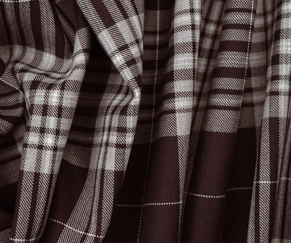 Brown-Gray-Multi Wool Polyester Plaid Woven Twill Suiting Fabric