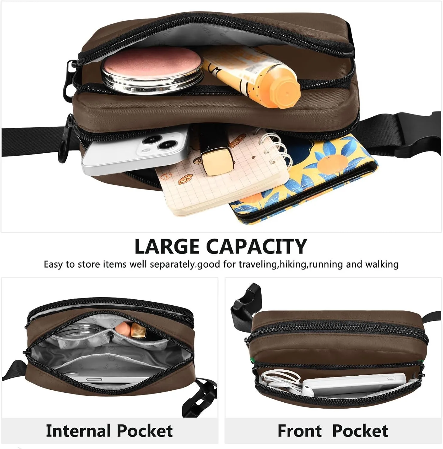 Brown Ladies Fanny Pack for Workout/Running/Hiking, 8 x 5.3 x 2.3 Inches