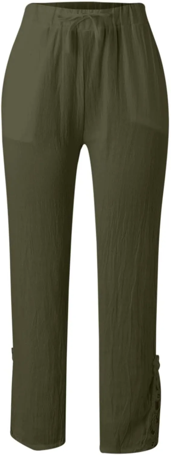 Capris Pants For Women High Waist Elastic Casual Trousers 2024 Summer Baggy Cropped Pant Lace Patchwork Comfy Pants