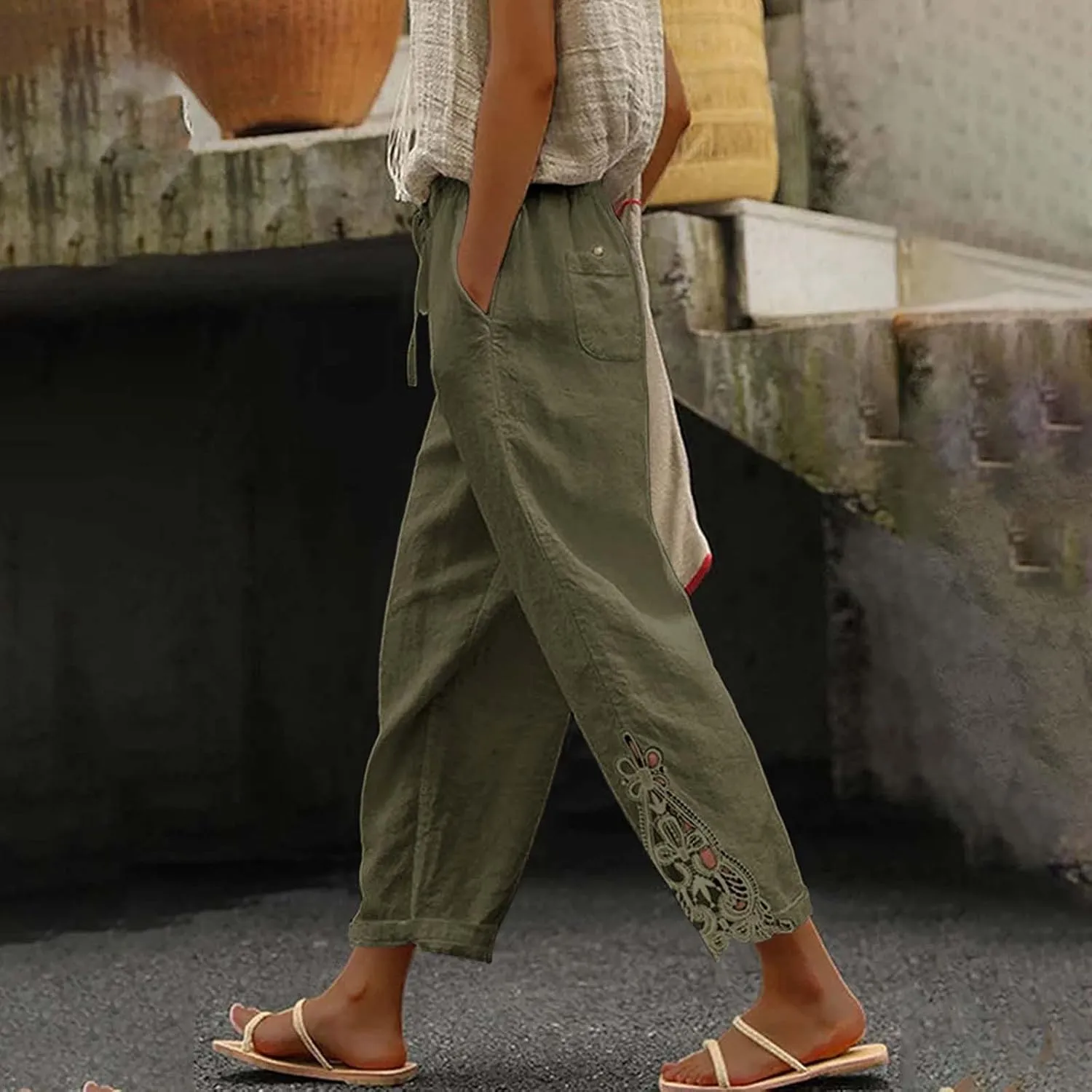 Capris Pants For Women High Waist Elastic Casual Trousers 2024 Summer Baggy Cropped Pant Lace Patchwork Comfy Pants