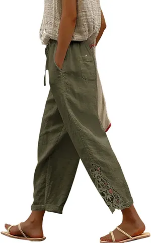 Capris Pants For Women High Waist Elastic Casual Trousers 2024 Summer Baggy Cropped Pant Lace Patchwork Comfy Pants