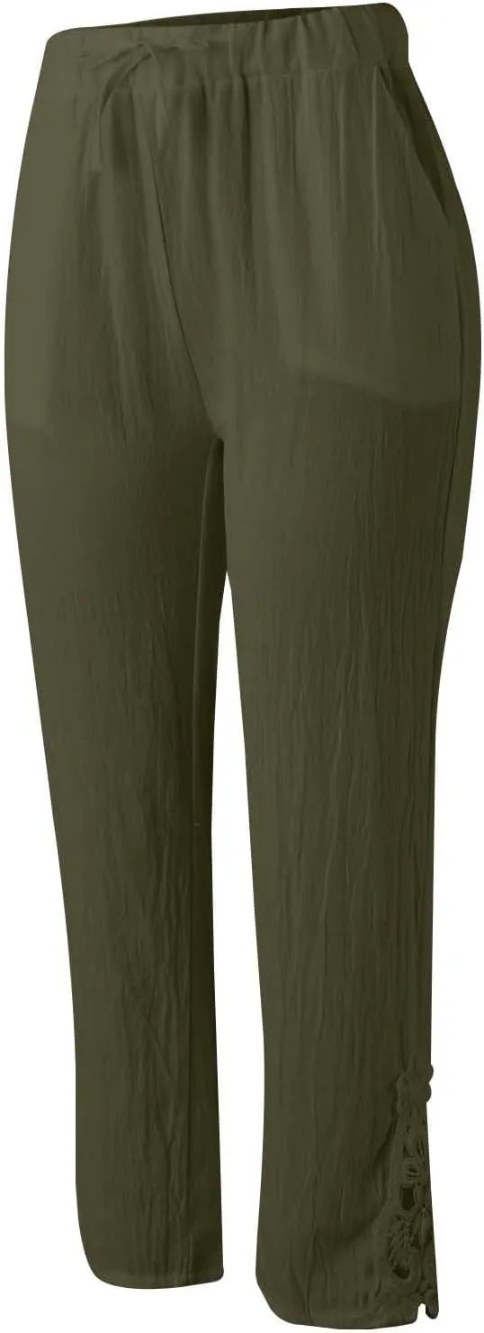 Capris Pants For Women High Waist Elastic Casual Trousers 2024 Summer Baggy Cropped Pant Lace Patchwork Comfy Pants