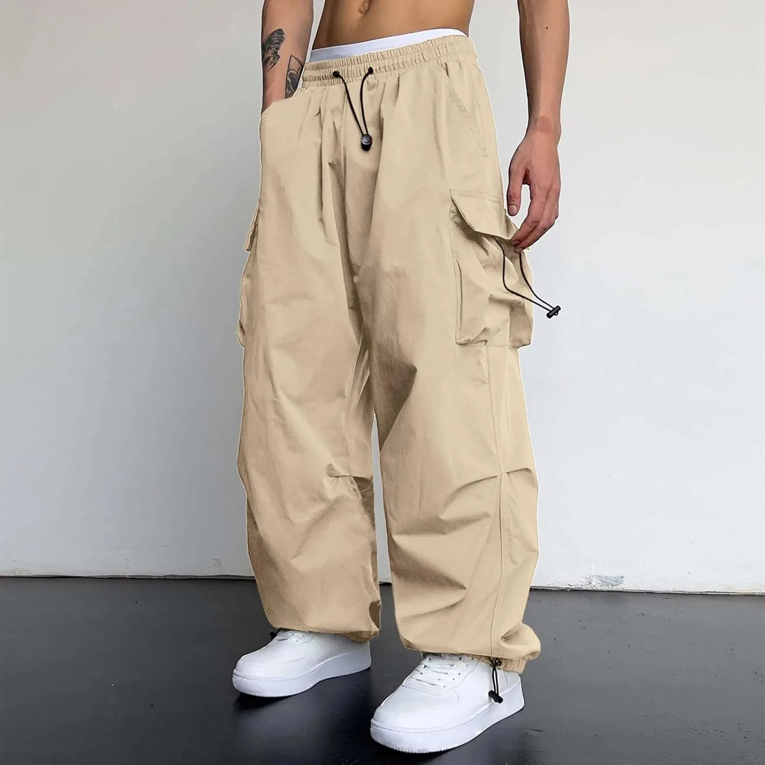 Cargo Combat Pant for Men Elastic Waist Work Pant Multi Pockets Casual Wide Leg Cargo Joggers Men
