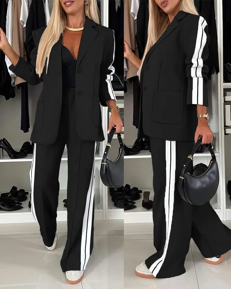 CHICME Womens Two Piece Outfits Striped Side Button Blazer and Pants with Pockets Sets Business Casual Pant Suits Set