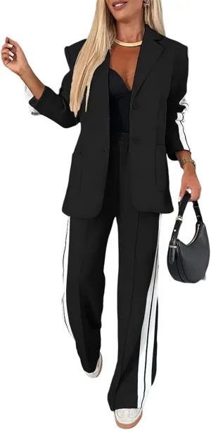 CHICME Womens Two Piece Outfits Striped Side Button Blazer and Pants with Pockets Sets Business Casual Pant Suits Set