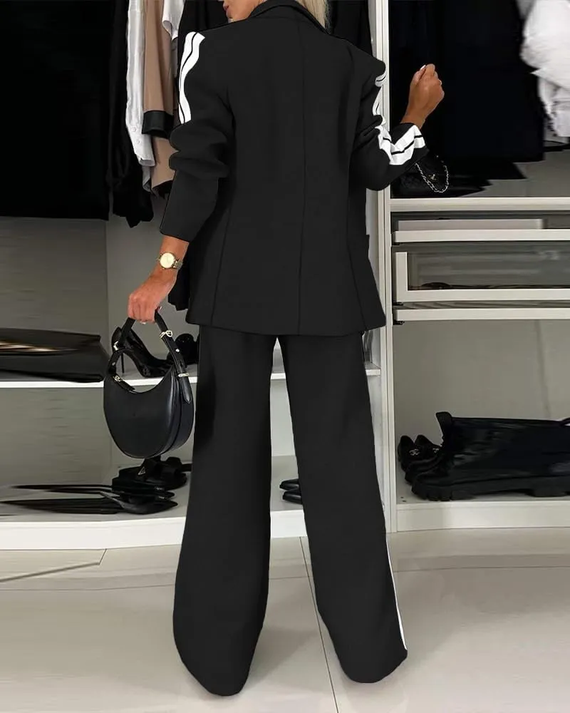 CHICME Womens Two Piece Outfits Striped Side Button Blazer and Pants with Pockets Sets Business Casual Pant Suits Set