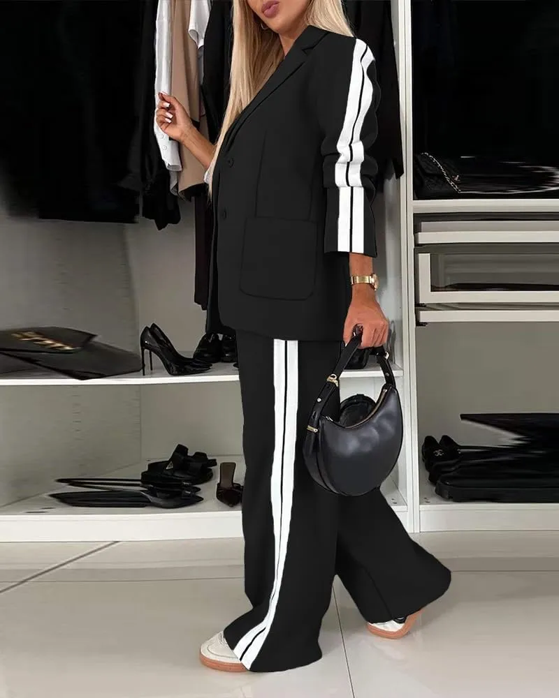 CHICME Womens Two Piece Outfits Striped Side Button Blazer and Pants with Pockets Sets Business Casual Pant Suits Set
