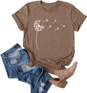 Cicy Bell Women's Dandelion Print T Shirts Cute Graphic Tees Short Sleeve Summer Cotton Tee Tops