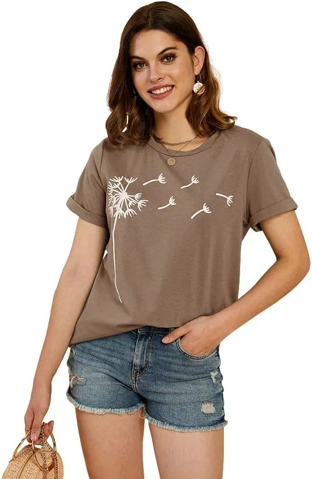 Cicy Bell Women's Dandelion Print T Shirts Cute Graphic Tees Short Sleeve Summer Cotton Tee Tops