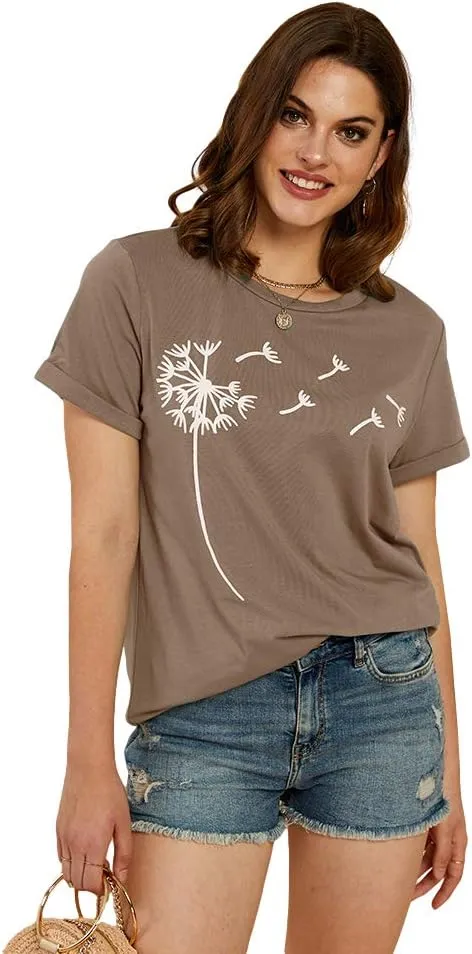 Cicy Bell Women's Dandelion Print T Shirts Cute Graphic Tees Short Sleeve Summer Cotton Tee Tops
