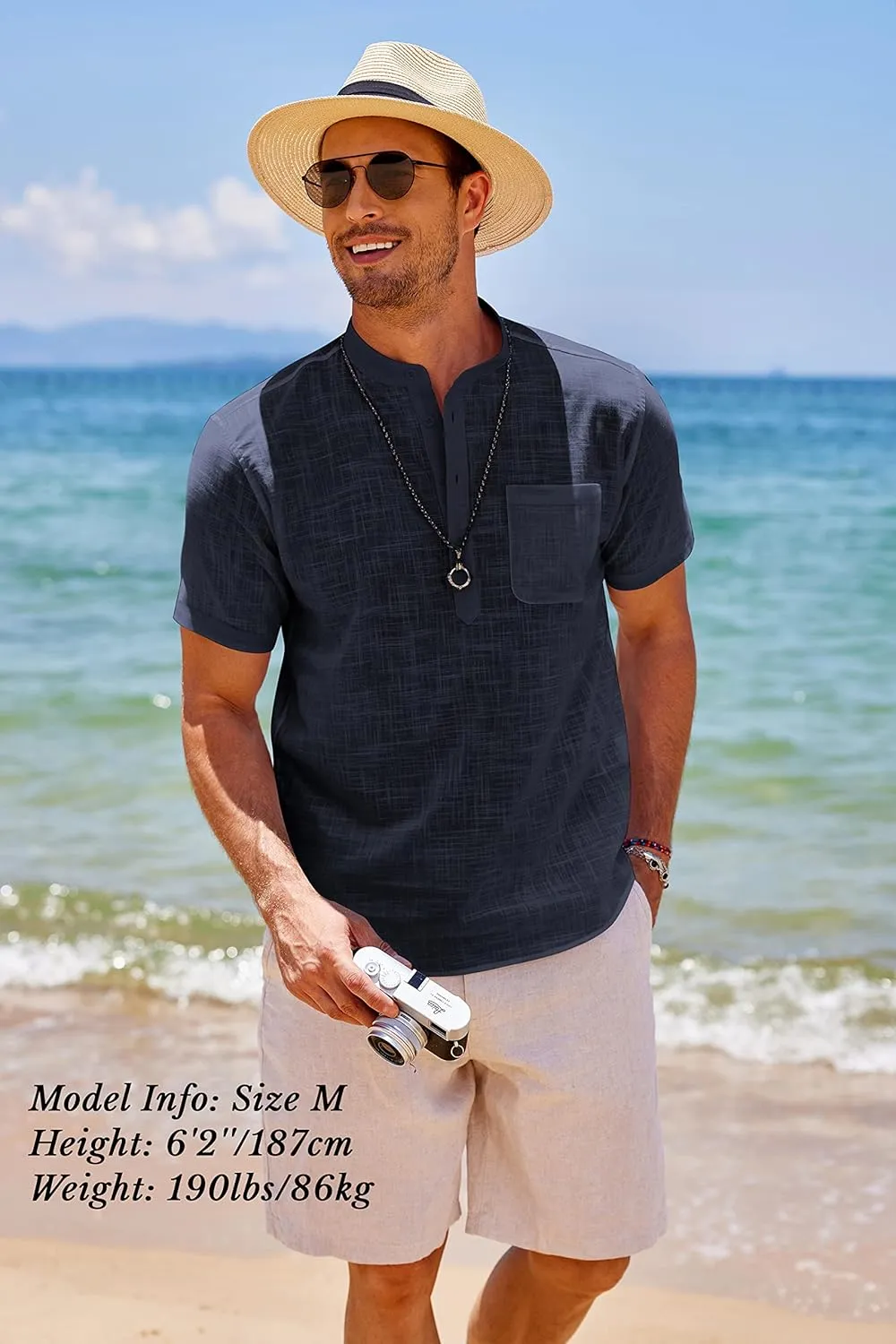 COOFANDY Men's Cotton Linen Henley Shirt Short Sleeve Hippie Casual Beach T-Shirts with Pocket