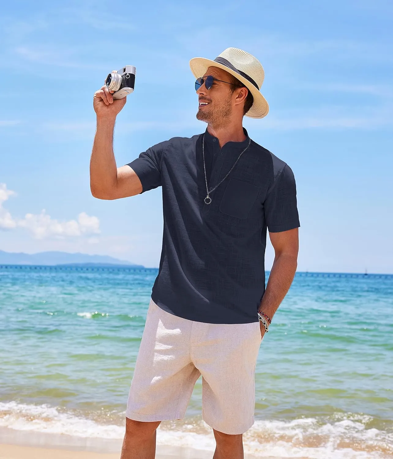 COOFANDY Men's Cotton Linen Henley Shirt Short Sleeve Hippie Casual Beach T-Shirts with Pocket