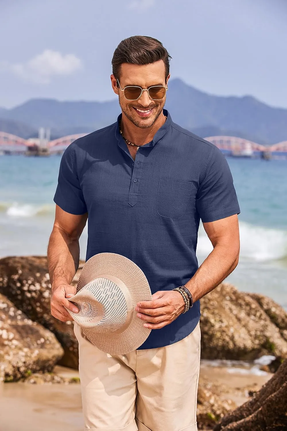 COOFANDY Men's Cotton Linen Henley Shirt Short Sleeve Hippie Casual Beach T-Shirts with Pocket